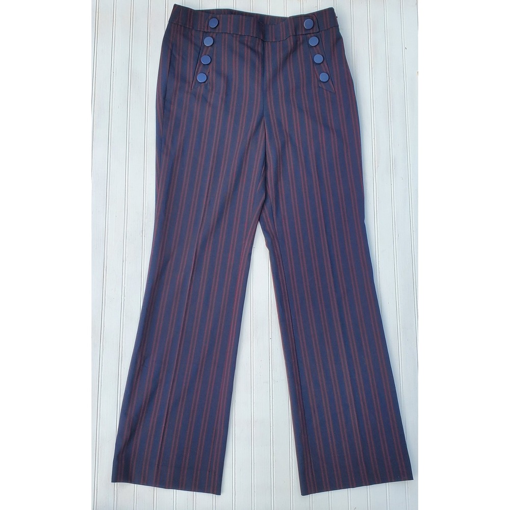 Loft Marisa Trouser Pants Womens 8 Navy Burgundy Stripe Sailor Button Wide Leg